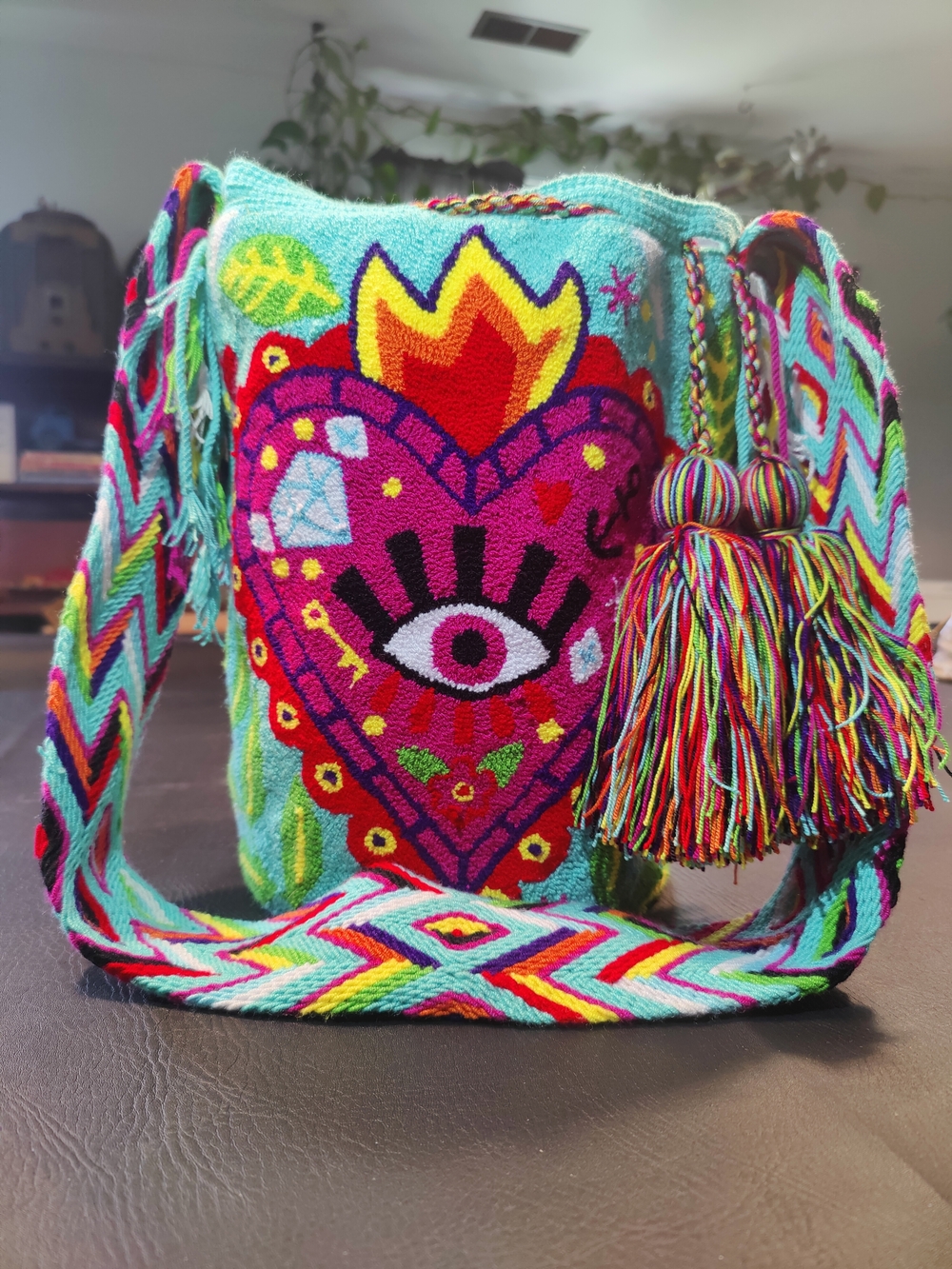 Handwoven Multicolor Heart Eye Crossbody Bag - Turquoise Wayuu Mochilla Colombia